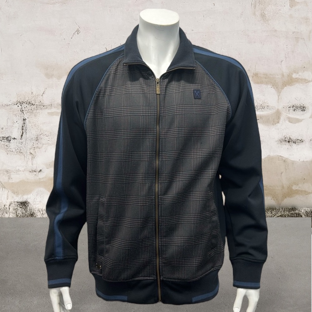 Marc Ecko Cut & Sew Blue Gray Plaid Full Zip Track Jacket with Pockets Large LG